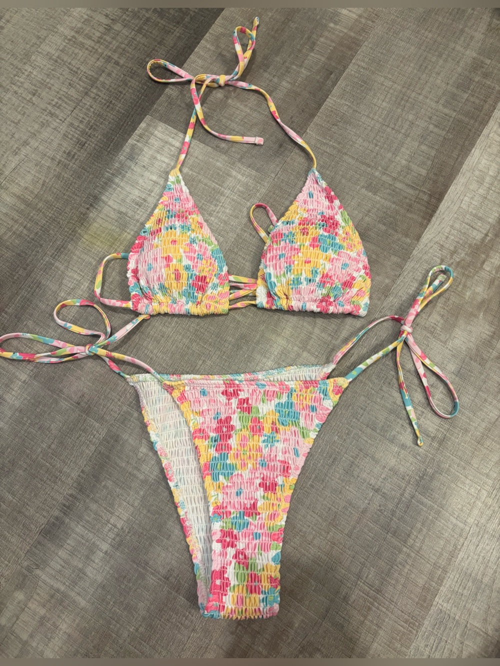 SHEIN Pink Floral Smocked Triangle Bikini